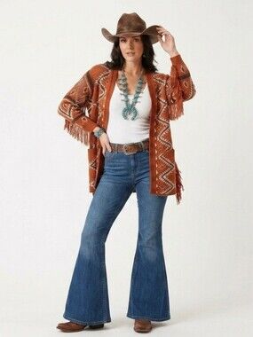 New $80 SHYANNE Southwestern Print Open Front Fringe Cardigan Sweater In Rust S